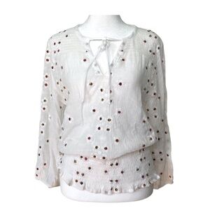 fig‎ & flower Smocked Semi-Sheer Peasant with rainbow Embroidered Flowers Boho